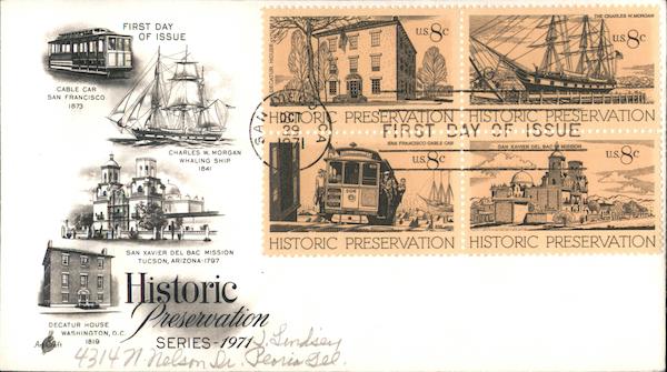 Historic Preservation Series 1971 Block of Stamps First Day Covers