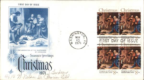 Christmas 1971 Block of Stamps First Day Covers