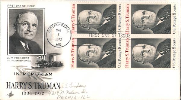 In Memoriam, Harry S. Truman Block of Stamps First Day Covers