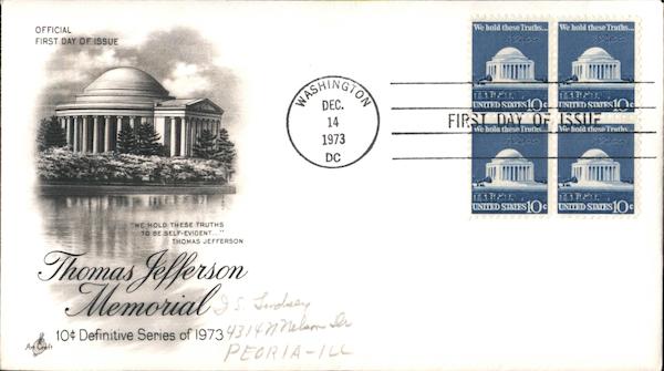 Thomas Jefferson Memorial Block of Stamps First Day Covers