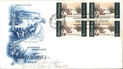 Season's Greetings Christmas 1969, A Winter Sunday Block of Stamps First Day Cover