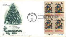Christmas 1973 Seasons Greetings Block of Stamps First Day Cover