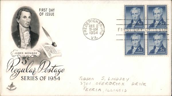 James Monroe Block of Stamps First Day Covers