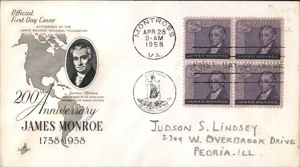 200th Anniversary James Monroe 1758-1958 Block of Stamps