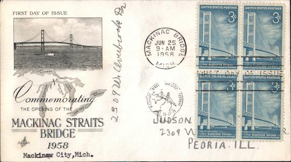 Mackinac Straits Bridge Block of Stamps First Day Covers