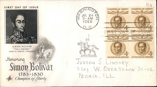 Honoring Simon Bolivar, 1783-1830 Block of Stamps First Day Covers