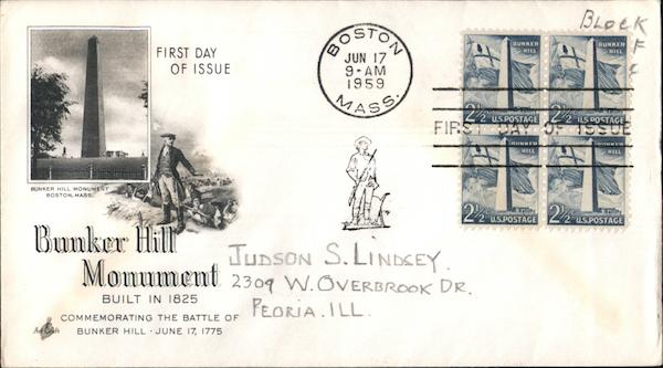 Bunker Hill Monument Block of Stamps First Day Covers