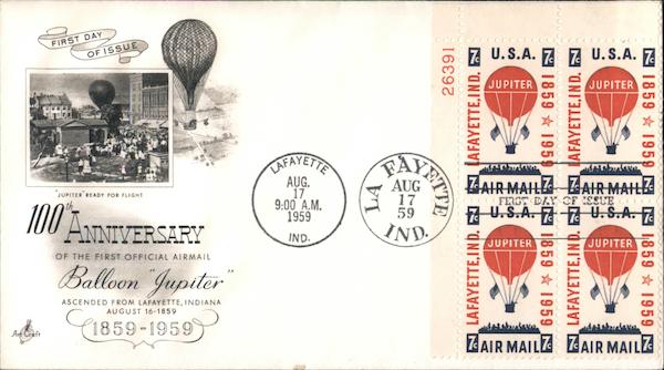 100th Anniversary of the First Official Airmail Balloon Jupiter 1859-1959 Plate Block of Stamps