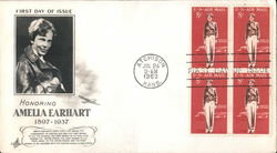 Honoring Amelia Earhart Block of Stamps First Day Cover