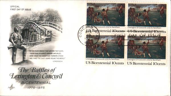 The Battles of Lexington & Concord Bicentennial 1775-1975 Block of Stamps