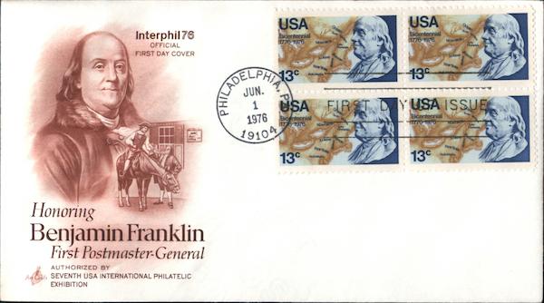 Honoring Benjamin Franklin - First Postmaster General - Interphil76 Block of Stamps
