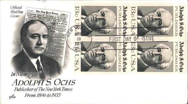 In Memory of Adolph S. Ochs Publisher of the New York Times From 1896 to 1935 Block of Stamps