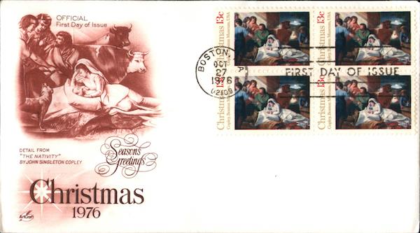 Seasons Greetings Christmas 1976, Detail from The Nativity By John Singleton Copley Block of Stamps