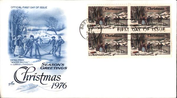 Season's Greetings Christmas 1976 Block of Stamps First Day Covers