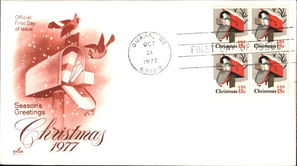 Season's Greetings Christmas 1977 Block of Stamps First Day Covers
