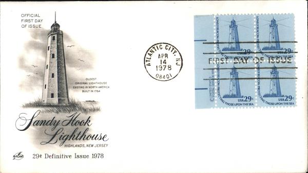 Sandy Hook Lighthouse Block of Stamps First Day Covers