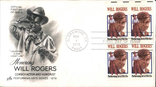 Honoring Will Rogers - Cowboy Actor and Humorist - Performing Arts Series 1979 Block of Stamps