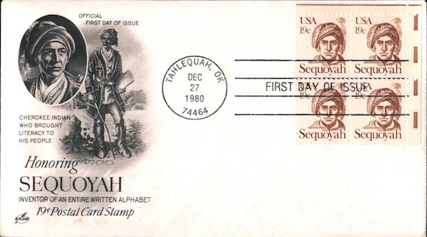 Honoring Sequoyah - Inventor of an Entire Written Alphabet - 19¢ Postal Card Stamp Block of Stamps