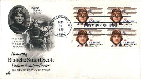 Honoring Blanche Stuart Scott - Pioneer Aviation Series - 28¢ Airmail Post Card Stamp Block of Stamps