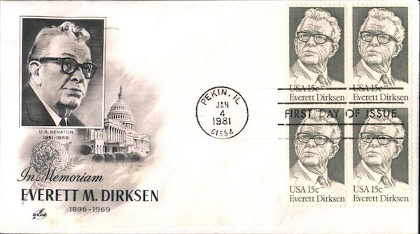 In Memoriam Everett M. Dirksen 1896-1969 U. S. Senator 1951-1969 Block of Stamps