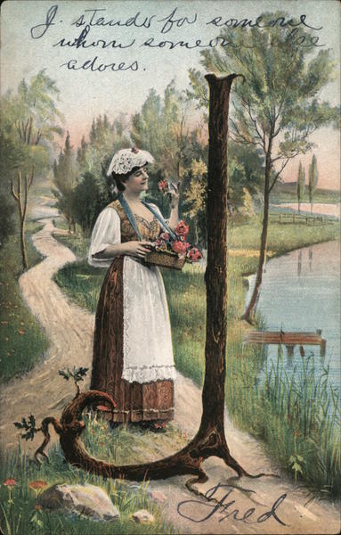 Woman Picking Flowers by Water with Large J Tree