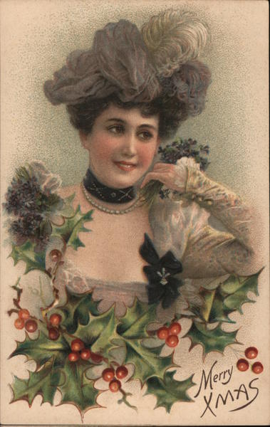 Merry XMas - Woman Surrounding by Holly Christmas