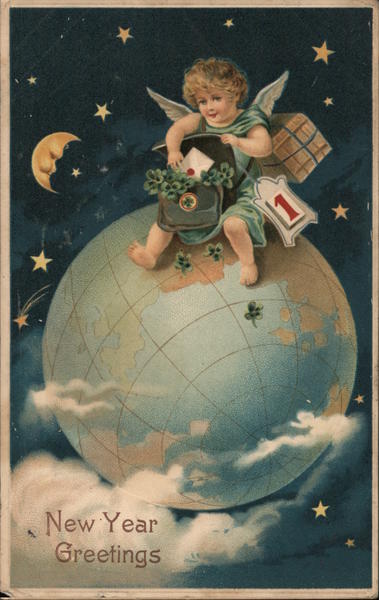 New Year Greetings - Cherub on Top of the World Bringing In New Year