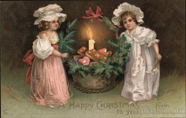 Two Girls With Christmas Basket Children