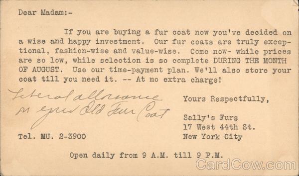 Correspondence Card for Sally's Furs, New York City