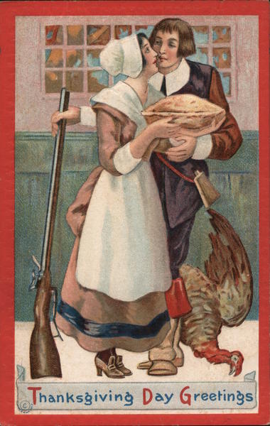 Thanksgiving Day Greetings Gold Medal Art Pilgrims