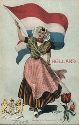 Holland Girl in Native Dress Holding Flag Benelux Countries Postcard Postcard Postcard
