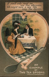 "An example of two tea spoons" -- man and woman seated at table Postcard