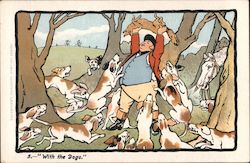 Man Holding Dead Fox Away From Hunting Dogs Postcard
