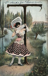 Young Woman Standing Under Large "T" Tree Postcard
