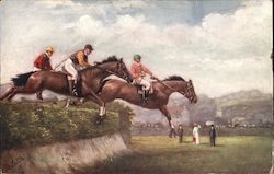 "Steeplechasing" The Big Jump - Horses in a Steeplechase race jumping over a hedge. Onlookers in the background. Postcard