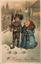 A Happy New Year - Chimney sweep and Pig Postcard