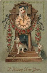 A Happy New Year, Three Cats in a Clock Postcard