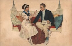 A Woman Feeding a Man Nylo Chocolates on a Porch Swing Postcard