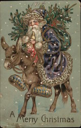 A Merry Christmas - Santa dressed in purple riding a donkey Postcard