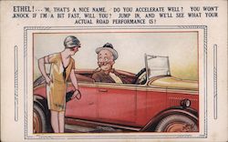 Old Man in Red Car Talking to Ethel. Cars Postcard Postcard Postcard