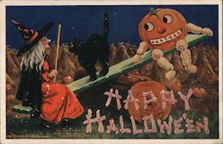 Jack O'Lantern and Witch on See Saw Halloween Postcard Postcard Postcard