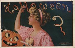 Girl Peeling Apple Halloween Postcard Postcard Postcard