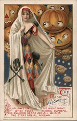 1912 The Magic of Halloween - Woman, Skull & Crossbones Postcard