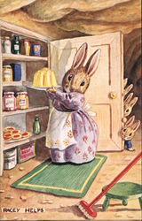 Mother Bunny Putting Up Dessert in Cupboard Postcard