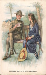 Soldier and Girl Sitting on Bench Couples Postcard Postcard Postcard