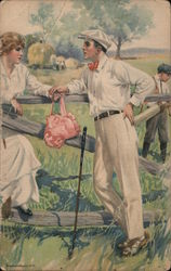 Couple talking by a wooden fence Postcard