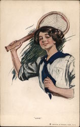 "Love" - Woman in white dress holding tennis racket. Postcard