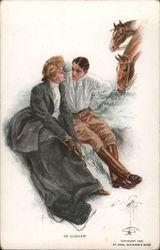 Couple seated near horses -- "In Clover" Postcard