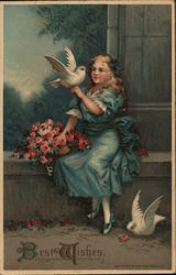 Best Wishes - Girl With Doves Postcard