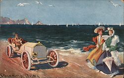 Fancy Women and Car on a Beach Postcard